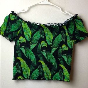 off the shoulder leaf print crop top